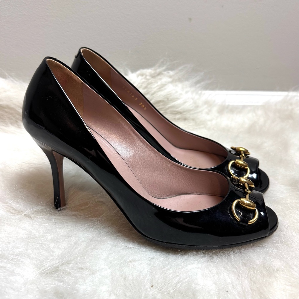 Gucci Horsebit Patent Leather Guccissima Peep Toe Pump Heels - Picture 3 of 10